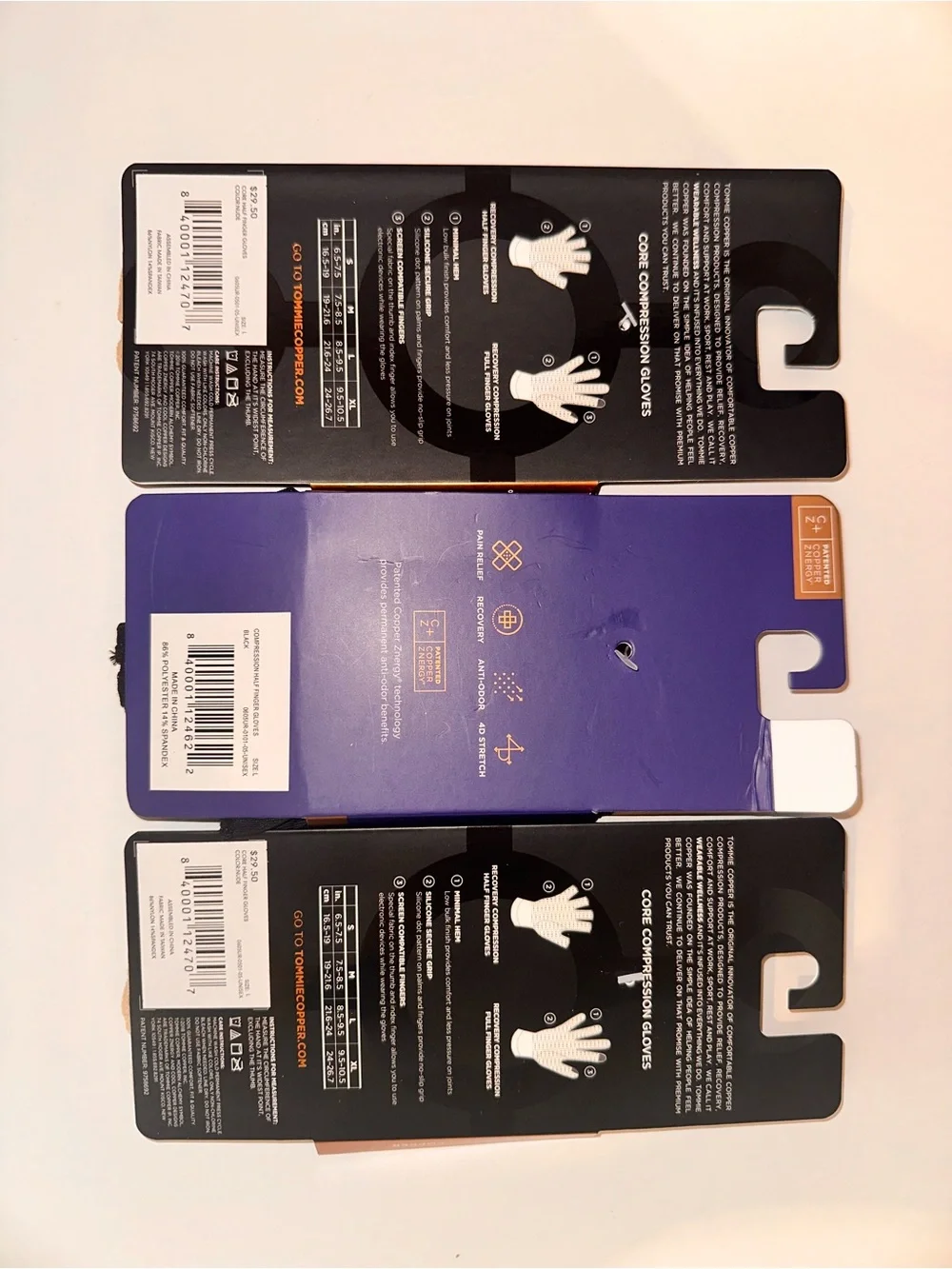 LOT of 3 pairs of Tommie Copper Recovery Compression Half-Finger Gloves